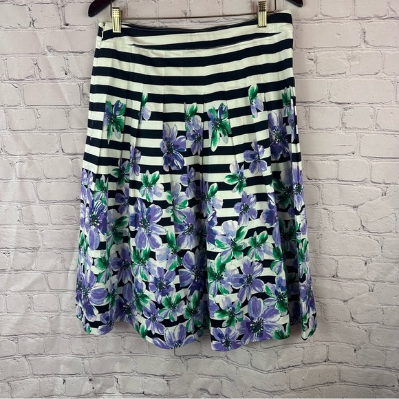 Talbots Black White stripe pleated floral A-Line Knee-Length Skirt sz 10 - Picture 2 of 7